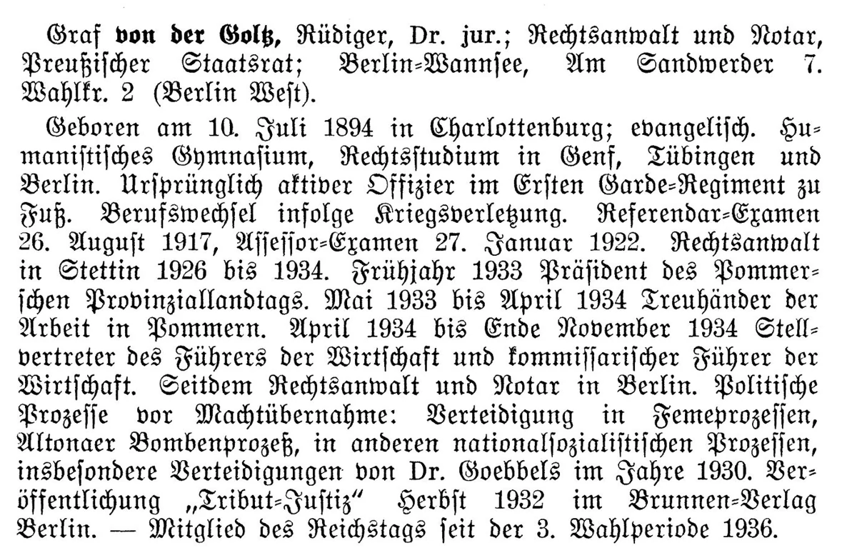 The entry headed Graf von der Goltz in the 1938 Reichstag handbook