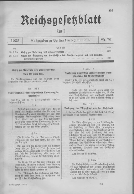 Law of 28 June 1935 · RGBl. I, p. 839 · Article 1 — Official gazette · complete page 839
