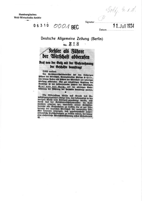 Complete archival sheet: Deutsche Allgemeine Zeitung (Berlin), 11 July 1934, document 00001